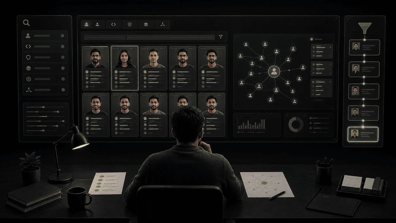 A large screen displays a talent search platform with various professional profiles and a network graph at a conference.