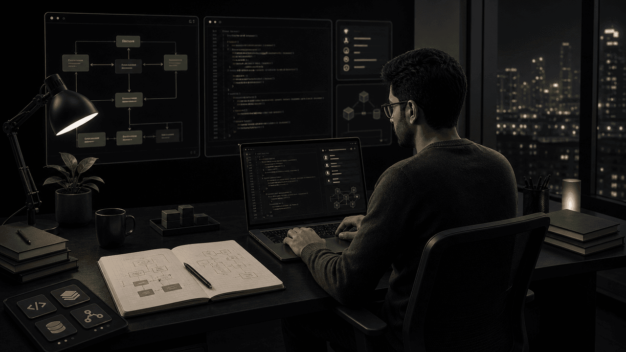 A developer coding on a laptop, looking out a window at a city, representing top Laravel talent.
