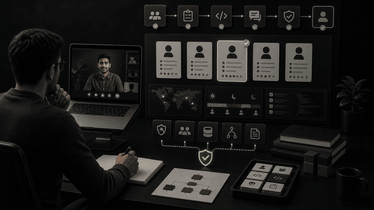 Laptop on a desk displaying a video conference with three people and 'AVOID OFFSHORE RISKS' text.