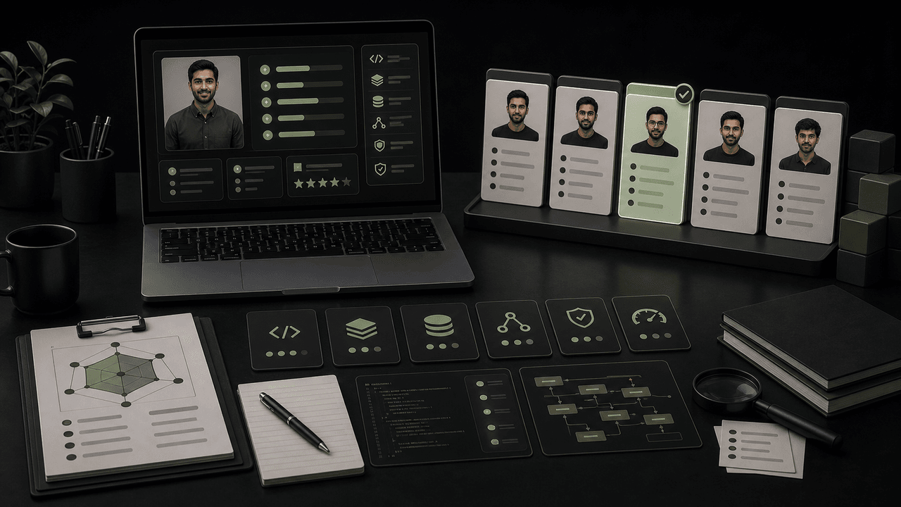 A clean desk with a laptop displaying code and 'Junior Mid Senior' text, next to 'ideal Laravel PROFILE' text.