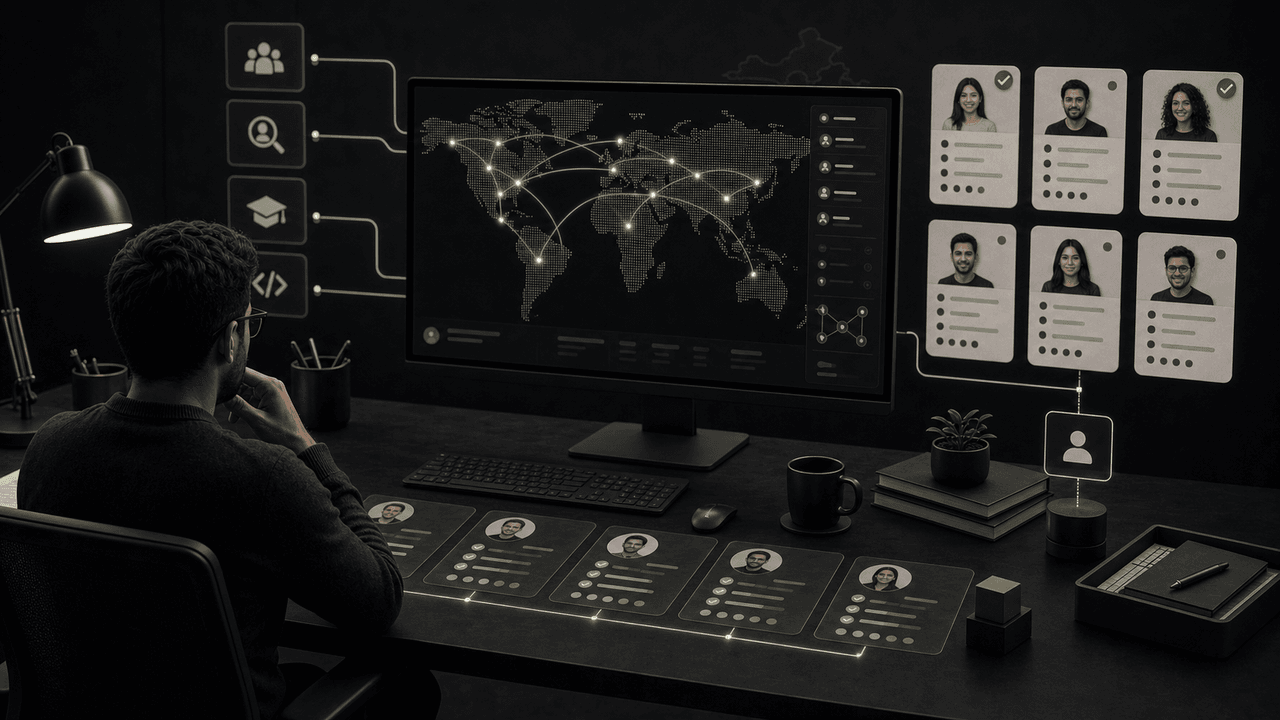An office desk with a monitor showing a world map and video call, promoting 'Find Laravel Talent'.