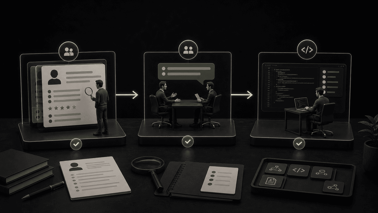 A flowchart illustrates three vetting process stages: resume review, interview, and technical test, for recruitment.