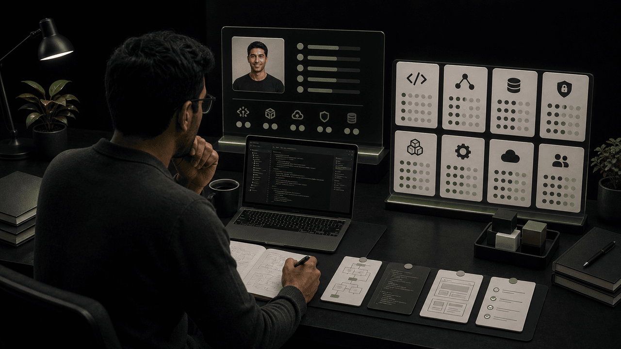 A developer's desk with a laptop showing a profile, coffee, plant, and 'IDEAL DEVELOPER' sign.