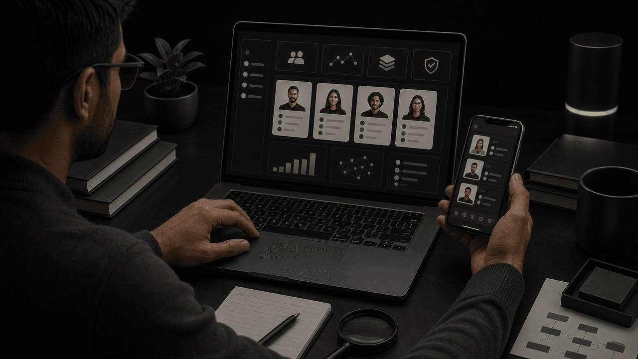 A person works on a laptop and holds a smartphone. The text 'FIND LARAVEL TALENT' is overlaid.
