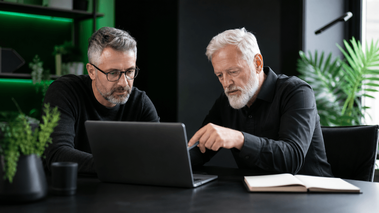 Two men looking at a laptop displaying a calendar, with 'FIRST 30 DAYS' text overlay.