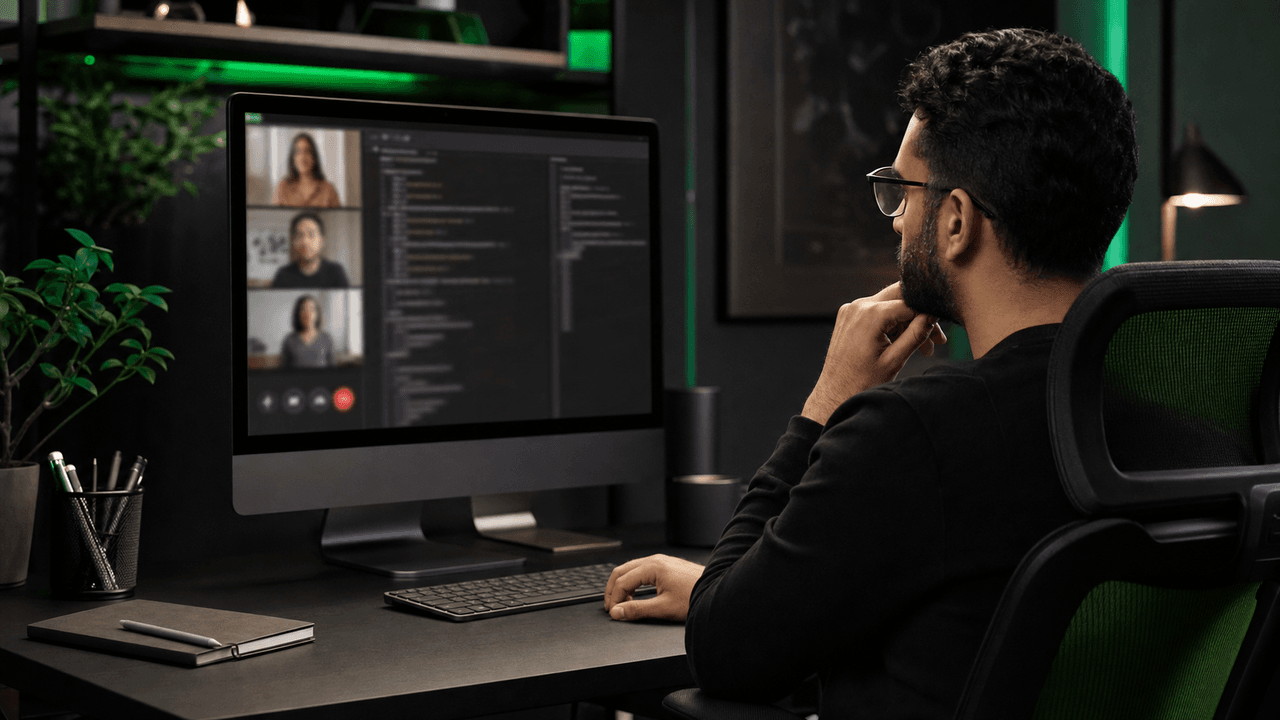 A modern desk setup featuring an iMac displaying a man in a video call. The screen text reads 'SMOOTH ONBOARDING'.